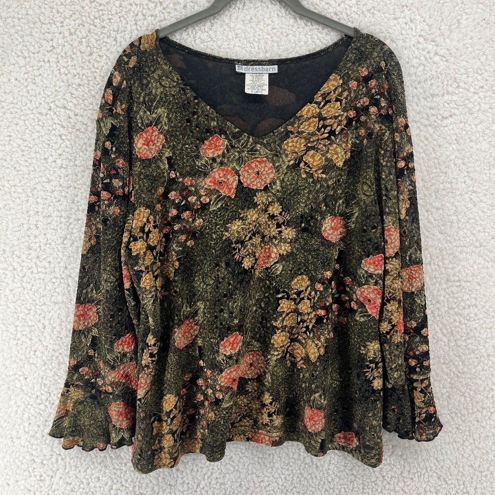 VTG Dressbarn Top Women's XL Floral Textured Burnout Velvet Bell Sleeve V-Neck